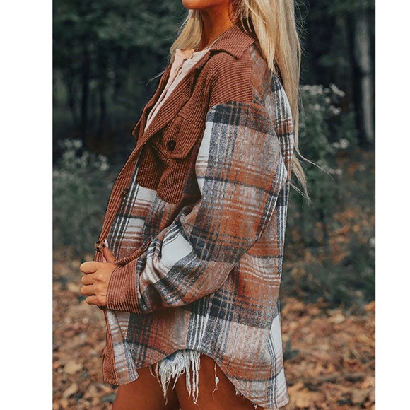 Cozy Plaid Print Corduroy Button Down Jacket Shacket - Picture 3 of 4